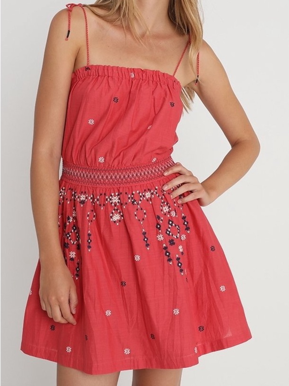 Abercrombie & Fitch Coral Red Embroidered Tie-Strap Sundress